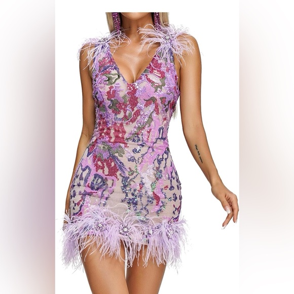 Purple Feather Dress Floral Sequin Dress - Size M - Picture 6 of 8